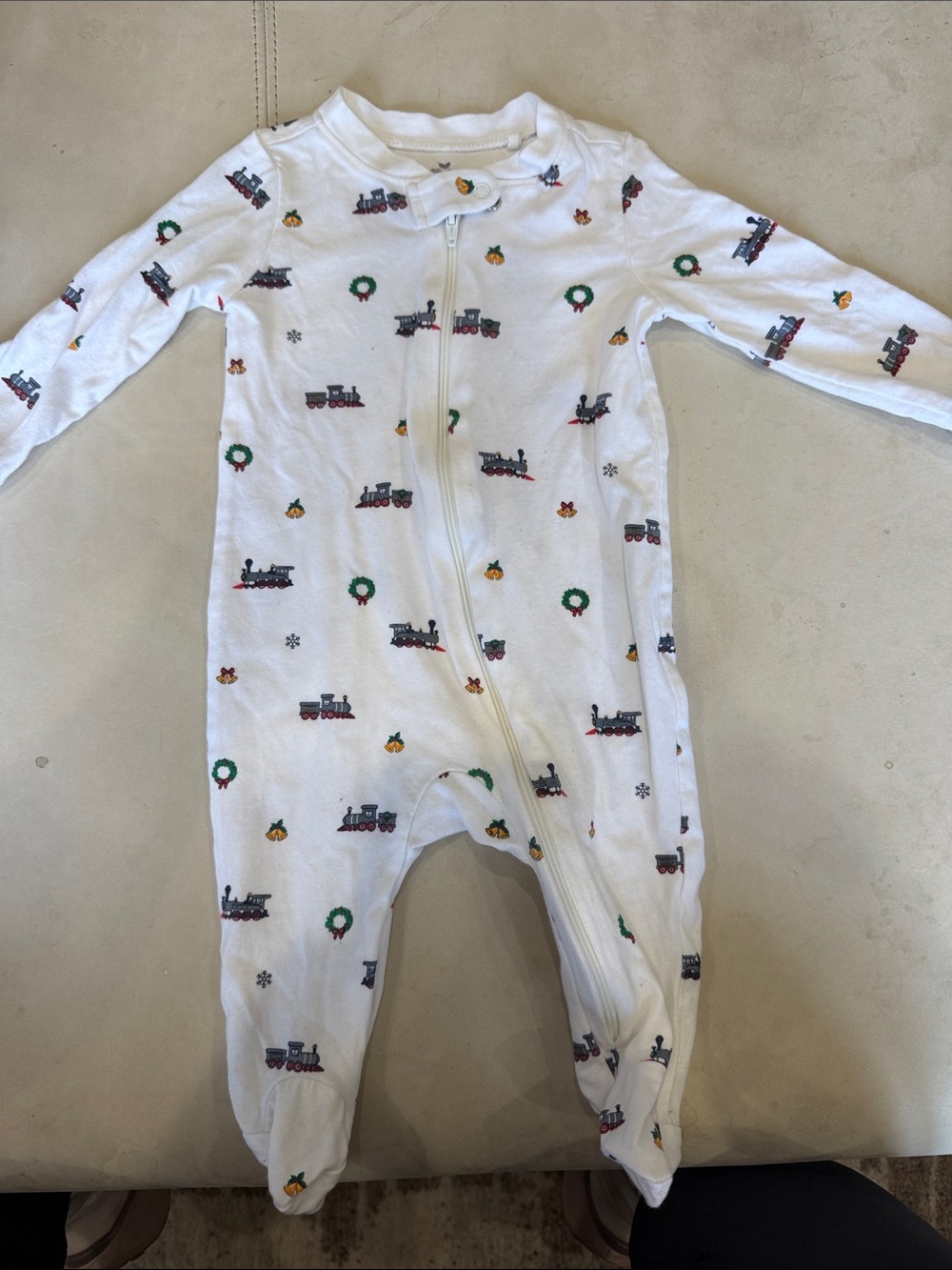 PETITE PLUME Holiday Train Print White Baby One-Piece Sleeper SIZE 3-6M